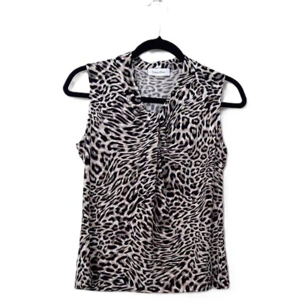 Calvin Klein Animal Print Cheetah Top Stretch Knot Front Sleeveless EUC Sz P S